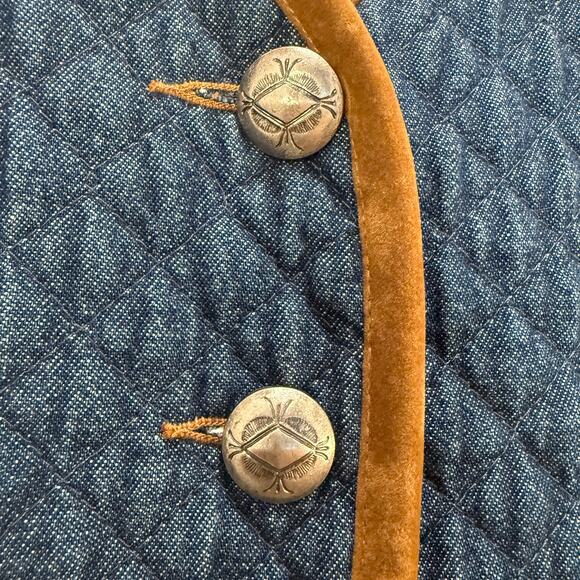 Vintage Quilted Denim Style Vest Petite Medium Blue Brown Velvet Trim - Picture 7 of 11